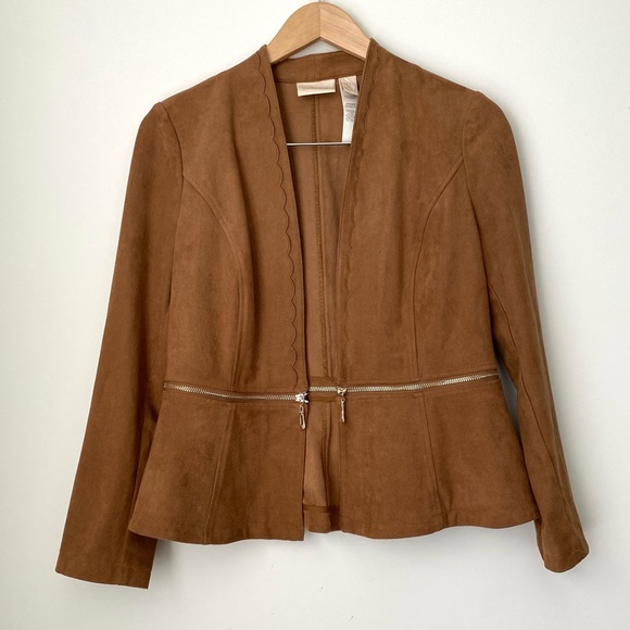 Chico's Peplum Brown Suede Scalloped Jacket - Picture 2 of 10